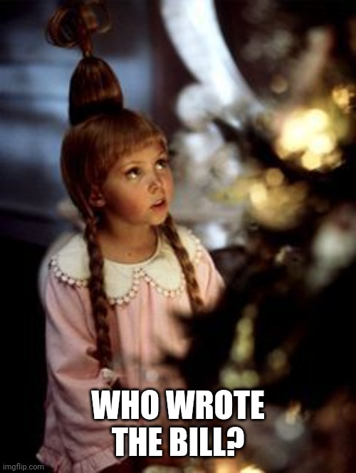 Cindy Lou Hoo | WHO WROTE THE BILL? | image tagged in cindy lou hoo | made w/ Imgflip meme maker