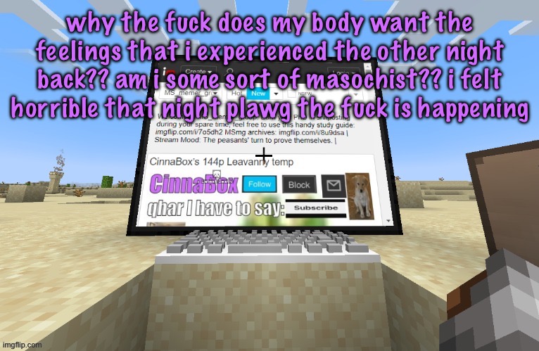 CinnaBox in minecraft | why the fuck does my body want the feelings that i experienced the other night back?? am i some sort of masochist?? i felt horrible that night plawg the fuck is happening | image tagged in cinnabox in minecraft,cinnabox announcement | made w/ Imgflip meme maker