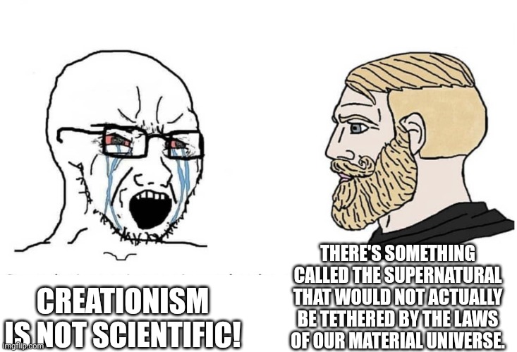 I still accept Evolution though. | THERE'S SOMETHING CALLED THE SUPERNATURAL THAT WOULD NOT ACTUALLY BE TETHERED BY THE LAWS OF OUR MATERIAL UNIVERSE. CREATIONISM IS NOT SCIENTIFIC! | image tagged in god,supernatural,creation,creationism,natural,human limits | made w/ Imgflip meme maker