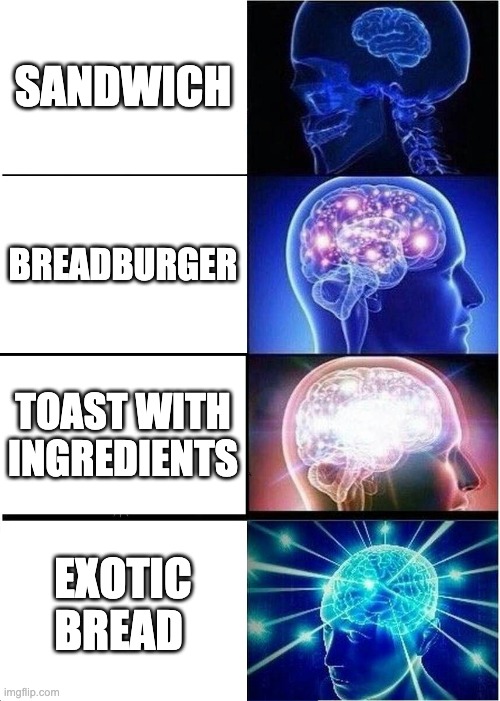 Expanding Brain Meme | SANDWICH; BREADBURGER; TOAST WITH INGREDIENTS; EXOTIC BREAD | image tagged in memes,expanding brain | made w/ Imgflip meme maker