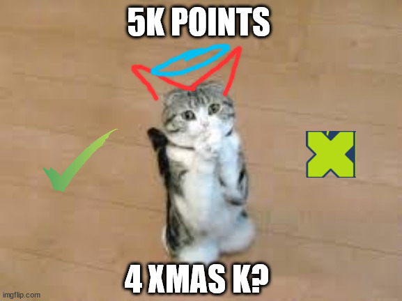 begging cat | 5K POINTS; 4 XMAS K? | image tagged in begging cat | made w/ Imgflip meme maker