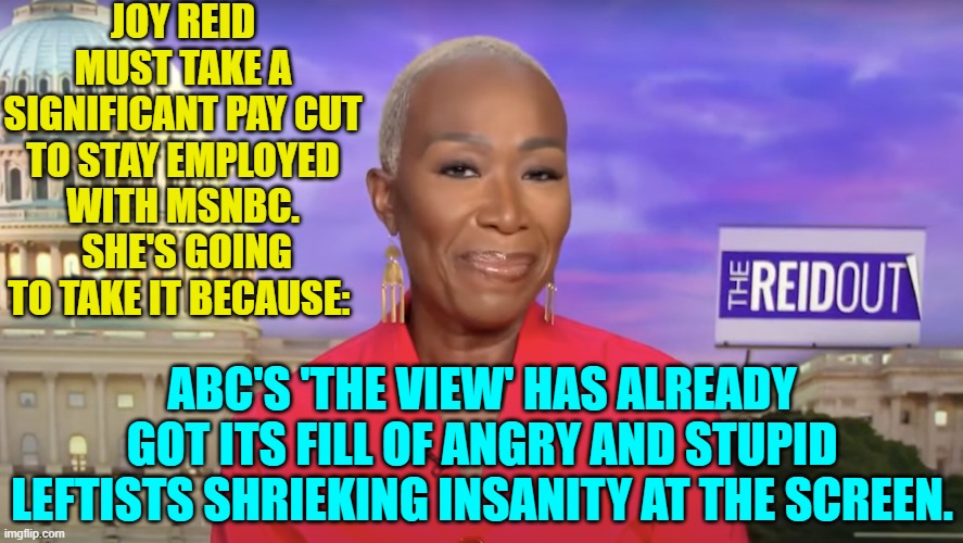 The walls are closing in for some of these 'special' on air personalities of the Political Left. | JOY REID MUST TAKE A SIGNIFICANT PAY CUT TO STAY EMPLOYED WITH MSNBC.  SHE'S GOING TO TAKE IT BECAUSE:; ABC'S 'THE VIEW' HAS ALREADY GOT ITS FILL OF ANGRY AND STUPID LEFTISTS SHRIEKING INSANITY AT THE SCREEN. | image tagged in yep | made w/ Imgflip meme maker