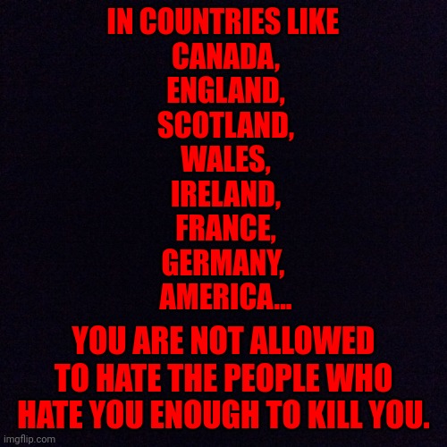 Diversity is NOT a STRENGTH. It's a CANCER. | IN COUNTRIES LIKE 
CANADA,
ENGLAND,
SCOTLAND,
WALES,
IRELAND,
FRANCE,
GERMANY, 
AMERICA... YOU ARE NOT ALLOWED TO HATE THE PEOPLE WHO HATE YOU ENOUGH TO KILL YOU. | image tagged in black screen | made w/ Imgflip meme maker