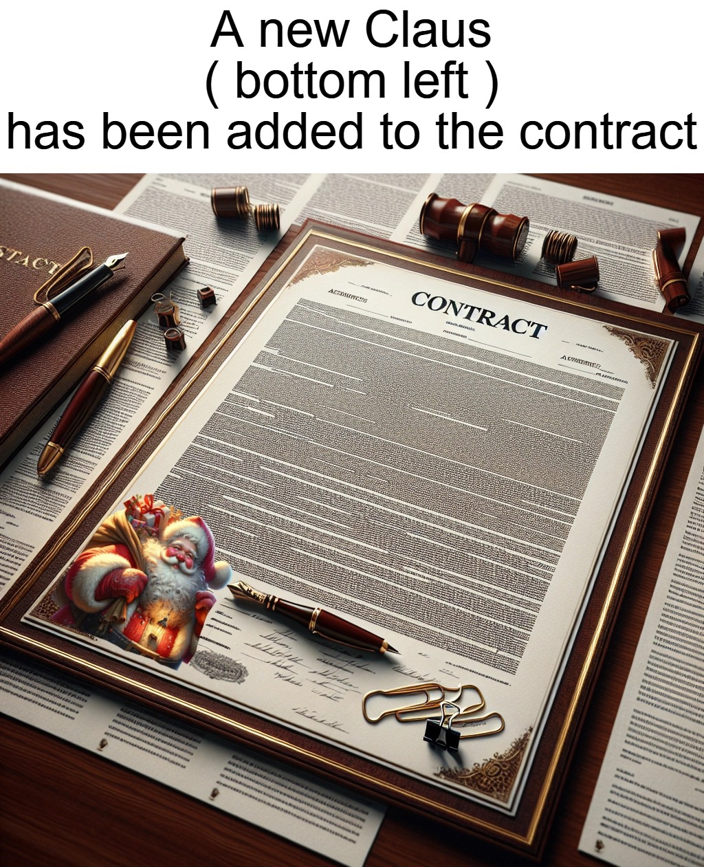 Notice of new claus | A new Claus
 ( bottom left ) 
has been added to the contract | image tagged in claus,kewlew | made w/ Imgflip meme maker