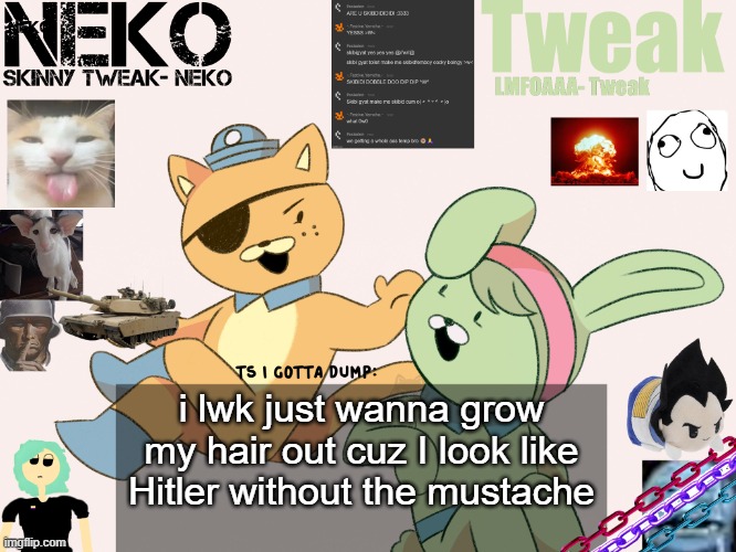 Tweak and Neko Shared temp | i lwk just wanna grow my hair out cuz I look like Hitler without the mustache | image tagged in tweak and neko shared temp | made w/ Imgflip meme maker