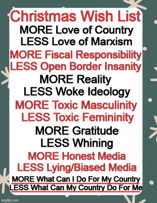 MORE Make America Great Again! | Christmas Wish List; MORE Love of Country
LESS Love of Marxism; MORE Fiscal Responsibility
LESS Open Border Insanity; MORE Reality 

LESS Woke Ideology; MORE Toxic Masculinity 

LESS Toxic Femininity; MORE Gratitude
LESS Whining; MORE Honest Media
LESS Lying/Biased Media; _________________; MORE What Can I Do For My Country
LESS What Can My Country Do For Me; ________________ | image tagged in christmas wish list,all i want for christmas,sovereignty,santa,conservative logic,america | made w/ Imgflip meme maker