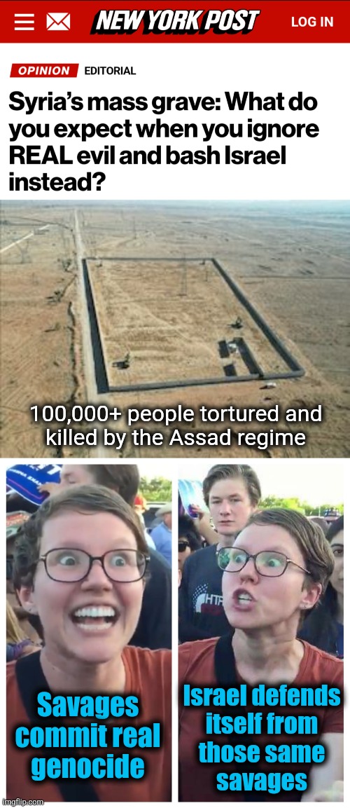 100,000+ people tortured and
killed by the Assad regime; Israel defends
itself from
those same
savages; Savages
commit real
genocide | image tagged in social justice warrior hypocrisy,democrats,israel,savages,genocide,assad | made w/ Imgflip meme maker