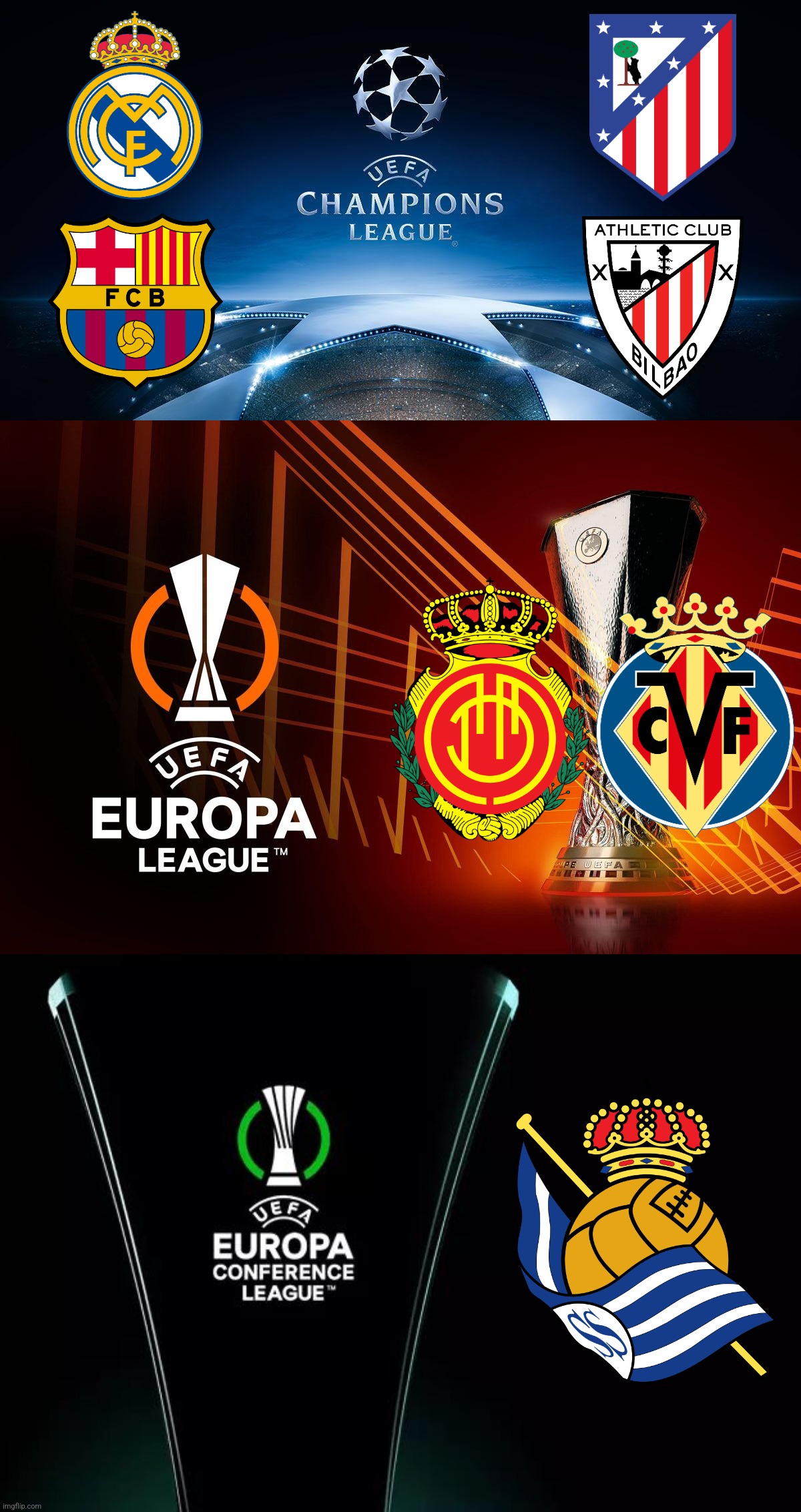 PREDICTION: Projected Spanish Liga's UEFA Club Competitions Teams 2025/2026 | image tagged in uefa champions league,europa league,uefa conference league,barcelona,real madrid,atletico | made w/ Imgflip meme maker