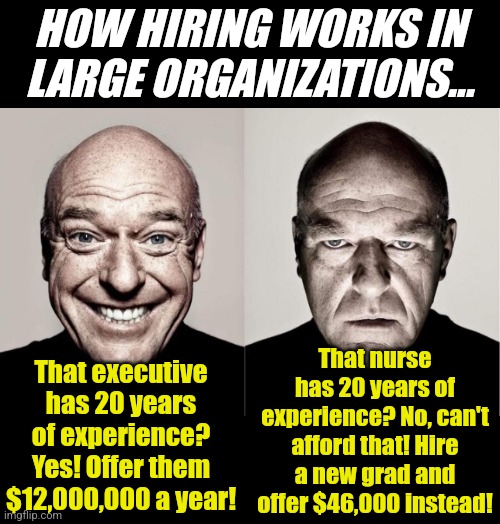 Why do major companies provide lousy service? Easy. Its the one place where experience is undesirable in normal employees! | HOW HIRING WORKS IN LARGE ORGANIZATIONS... That nurse has 20 years of experience? No, can't afford that! Hire a new grad and offer $46,000 instead! That executive has 20 years of experience? Yes! Offer them $12,000,000 a year! | image tagged in corporate greed,expectation vs reality,employees,money,working,experience | made w/ Imgflip meme maker