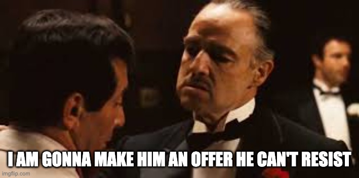 I am gonna make him an offer he can't resist | I AM GONNA MAKE HIM AN OFFER HE CAN'T RESIST | image tagged in godfather offer you can't refuse | made w/ Imgflip meme maker