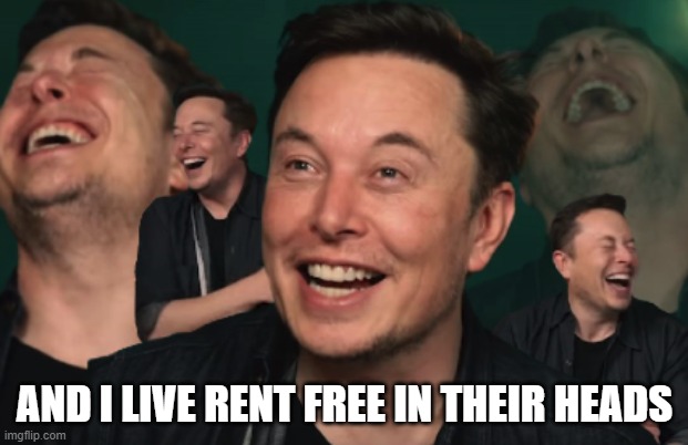 Elon Musk Laughing | AND I LIVE RENT FREE IN THEIR HEADS | image tagged in elon musk laughing | made w/ Imgflip meme maker