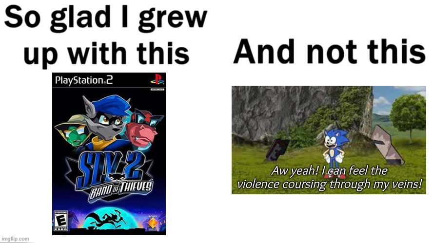 If you like Sonic or Sonic Frontiers, I respect your opinion. | image tagged in so glad i grew up with this,sly cooper,sonic,sonic the hedgehog,sonic sucks,and not this | made w/ Imgflip meme maker