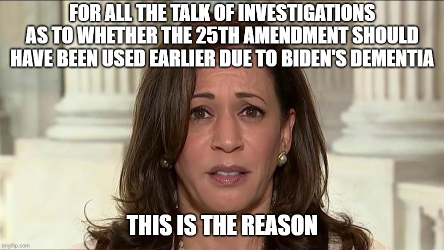 Between a rock and a hard place | FOR ALL THE TALK OF INVESTIGATIONS AS TO WHETHER THE 25TH AMENDMENT SHOULD HAVE BEEN USED EARLIER DUE TO BIDEN'S DEMENTIA; THIS IS THE REASON | image tagged in kamala harris | made w/ Imgflip meme maker