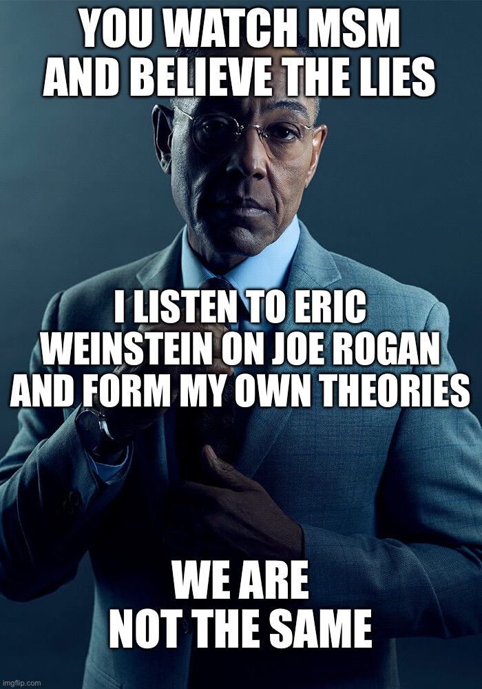 Gus Fring we are not the same | YOU WATCH MSM AND BELIEVE THE LIES; I LISTEN TO ERIC WEINSTEIN ON JOE ROGAN AND FORM MY OWN THEORIES; WE ARE NOT THE SAME | image tagged in gus fring we are not the same | made w/ Imgflip meme maker