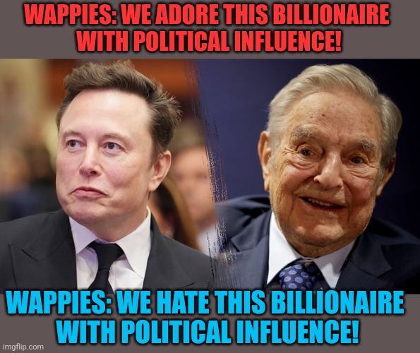 Do wappies hate or adore billionaires with political influence? | WAPPIES: WE ADORE THIS BILLIONAIRE 
WITH POLITICAL INFLUENCE! WAPPIES: WE HATE THIS BILLIONAIRE 
WITH POLITICAL INFLUENCE! | image tagged in elon musk,george soros,stupid people,wappies | made w/ Imgflip meme maker