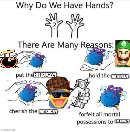 Why Do We Have Hands | FAT BUGZZY; FAT BUGZZY; FAT BUGZZY; FAT BUGZZY | image tagged in why do we have hands,king dedede,kirby,pizza tower,luigi | made w/ Imgflip meme maker