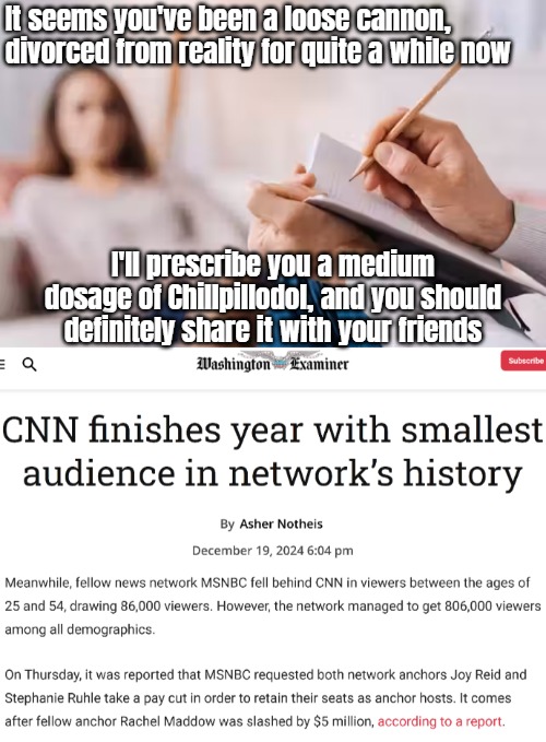 It seems you've been a loose cannon, divorced from reality for quite a while now; I'll prescribe you a medium dosage of Chillpillodol, and you should definitely share it with your friends | image tagged in liberal media,biased media,media lies,american politics,funny | made w/ Imgflip meme maker