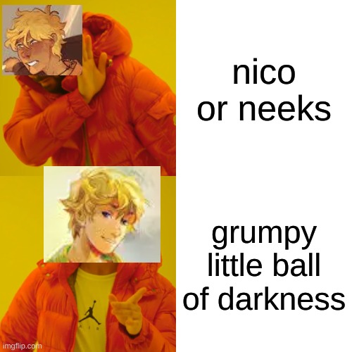 Drake Hotline Bling | nico or neeks; grumpy little ball of darkness | image tagged in memes,drake hotline bling | made w/ Imgflip meme maker