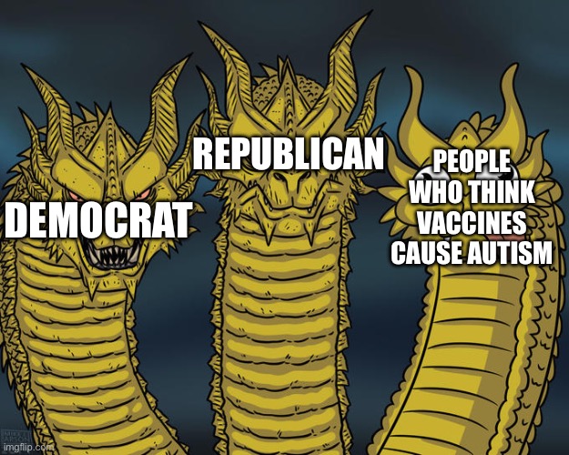 No proof vaccines cause autism | REPUBLICAN; PEOPLE WHO THINK VACCINES CAUSE AUTISM; DEMOCRAT | image tagged in three-headed dragon | made w/ Imgflip meme maker