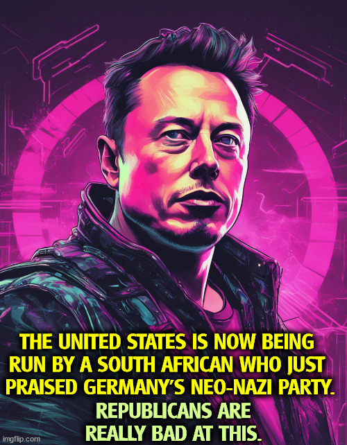 THE UNITED STATES IS NOW BEING 
RUN BY A SOUTH AFRICAN WHO JUST 
PRAISED GERMANY'S NEO-NAZI PARTY. REPUBLICANS ARE REALLY BAD AT THIS. | image tagged in elon musk,south africa,neo-nazis,fascist,republicans,incompetence | made w/ Imgflip meme maker