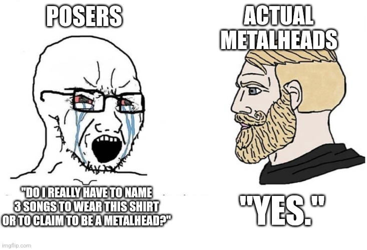 Soyboy Vs Yes Chad | POSERS; ACTUAL METALHEADS; "DO I REALLY HAVE TO NAME 3 SONGS TO WEAR THIS SHIRT OR TO CLAIM TO BE A METALHEAD?"; "YES." | image tagged in soyboy vs yes chad | made w/ Imgflip meme maker
