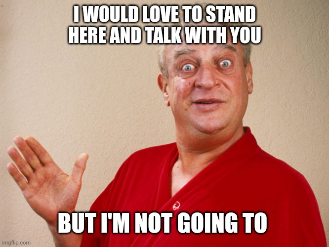 Stand and talk | I WOULD LOVE TO STAND HERE AND TALK WITH YOU; BUT I'M NOT GOING TO | image tagged in rodney dangerfield for pres,funny memes | made w/ Imgflip meme maker