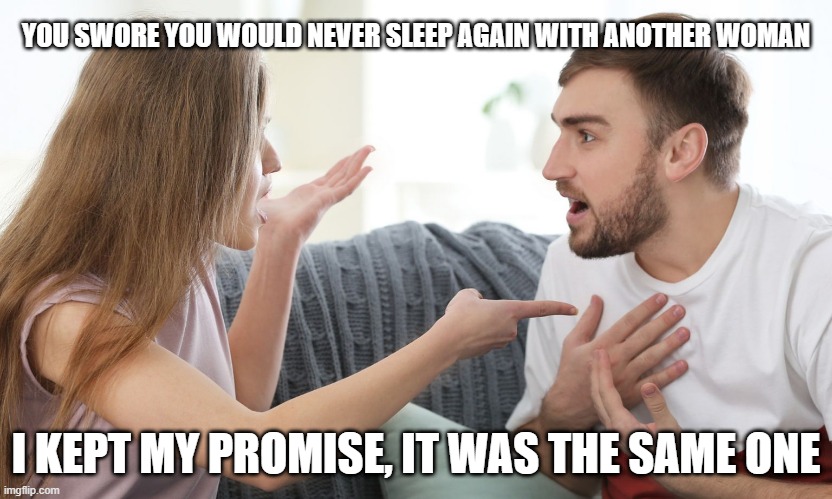 I kept my promise | YOU SWORE YOU WOULD NEVER SLEEP AGAIN WITH ANOTHER WOMAN; I KEPT MY PROMISE, IT WAS THE SAME ONE | image tagged in fighting,couple arguing,arguing,adults,cheating,cheating husband | made w/ Imgflip meme maker