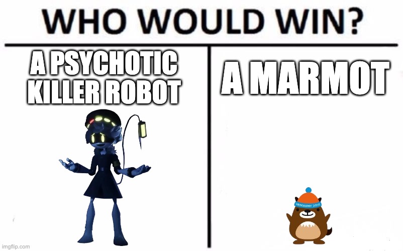 idk much about murderdrones... | A PSYCHOTIC KILLER ROBOT; A MARMOT | image tagged in memes,who would win,mukmuk,fanlore,smg4,villain | made w/ Imgflip meme maker