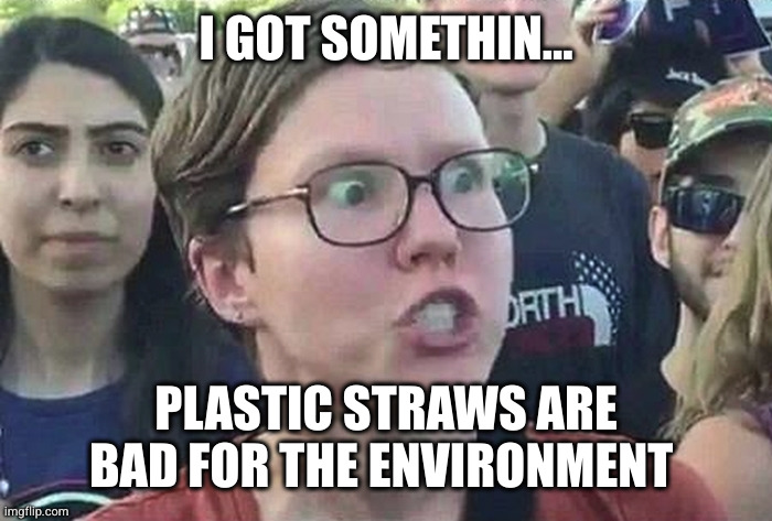 Triggered Liberal | I GOT SOMETHIN... PLASTIC STRAWS ARE BAD FOR THE ENVIRONMENT | image tagged in triggered liberal | made w/ Imgflip meme maker