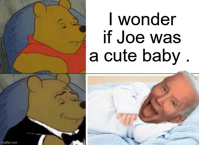 Pooh knew | I wonder if Joe was a cute baby . | image tagged in memes,tuxedo winnie the pooh | made w/ Imgflip meme maker