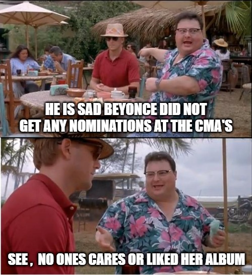 Beyonce and the CMA'S | HE IS SAD BEYONCE DID NOT GET ANY NOMINATIONS AT THE CMA'S; SEE ,  NO ONES CARES OR LIKED HER ALBUM | image tagged in memes,see nobody cares,beyonce,country music | made w/ Imgflip meme maker