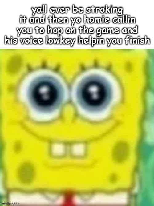 spangledob | yall ever be stroking it and then yo homie callin you to hop on the game and his voice lowkey helpin you finish | image tagged in spangledob | made w/ Imgflip meme maker
