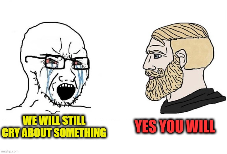 Soyboy Vs Yes Chad | WE WILL STILL CRY ABOUT SOMETHING YES YOU WILL | image tagged in soyboy vs yes chad | made w/ Imgflip meme maker