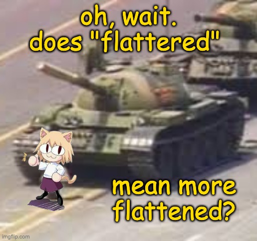 tianamen square | oh, wait. does "flattered" mean more flattened? | image tagged in tianamen square | made w/ Imgflip meme maker