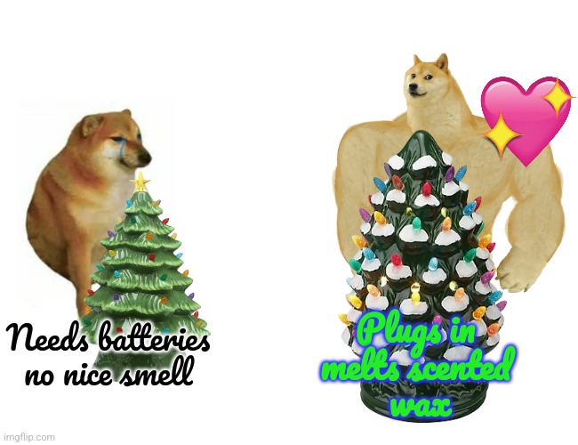 Cheesey Holiday Tree | Plugs in
melts scented
 wax; Needs batteries no nice smell | image tagged in crying cheems vs buffdoge | made w/ Imgflip meme maker