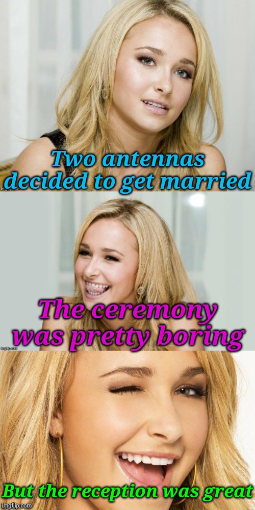 "Antenna Love: The Reception Steals the Show!" | Two antennas decided to get married; The ceremony was pretty boring; But the reception was great | image tagged in bad pun hayden panettiere,memes,bad pun,puns,marriage | made w/ Imgflip meme maker