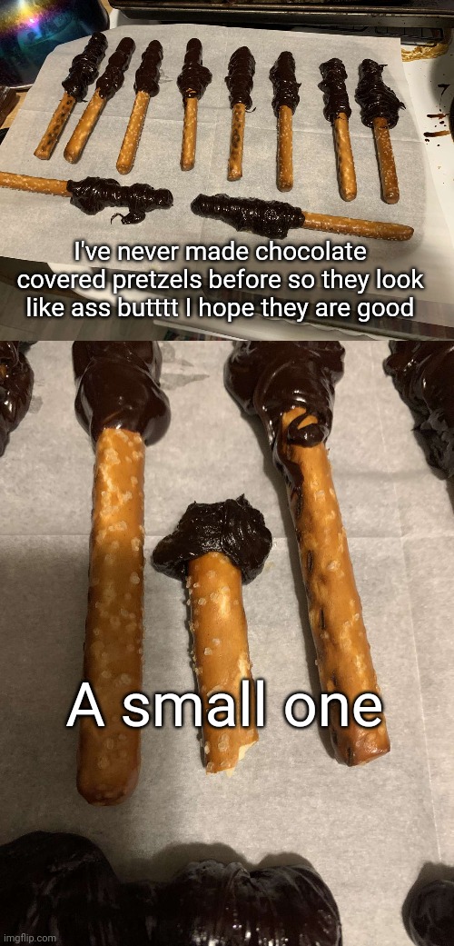 M | I've never made chocolate covered pretzels before so they look like ass butttt I hope they are good; A small one | made w/ Imgflip meme maker