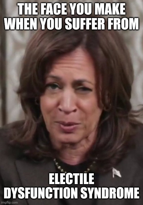 It's okay, it happens to all women. | THE FACE YOU MAKE WHEN YOU SUFFER FROM; ELECTILE DYSFUNCTION SYNDROME | image tagged in drunk kamala harris,loser,failure,election 2024,derangement syndrome,show me the money | made w/ Imgflip meme maker