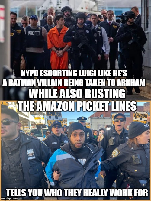 acab | NYPD ESCORTING LUIGI LIKE HE'S A BATMAN VILLAIN BEING TAKEN TO ARKHAM; WHILE ALSO BUSTING THE AMAZON PICKET LINES; TELLS YOU WHO THEY REALLY WORK FOR | image tagged in luigi,amazon,acab | made w/ Imgflip meme maker