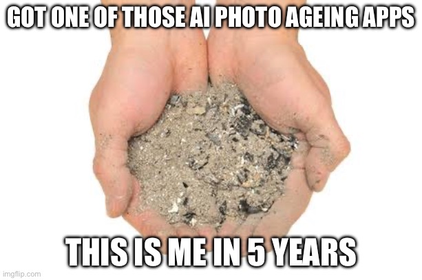 Imma be dead by then | GOT ONE OF THOSE AI PHOTO AGEING APPS; THIS IS ME IN 5 YEARS | image tagged in cremation ashes,aging,dying | made w/ Imgflip meme maker