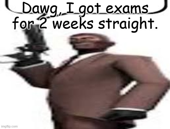 I'm fucking doomed | Dawg, I got exams for 2 weeks straight. | image tagged in tf2 spy,memes,msmg,exams | made w/ Imgflip meme maker