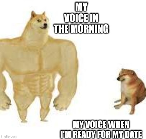 When this happens | MY VOICE IN THE MORNING; MY VOICE WHEN I'M READY FOR MY DATE | image tagged in doge,buff doge,voice,meme | made w/ Imgflip meme maker