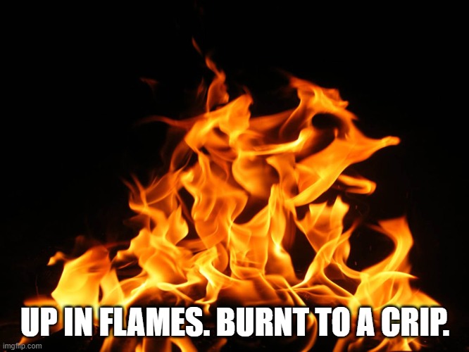 Up in flames. Burnt to a crisp. | UP IN FLAMES. BURNT TO A CRIP. | image tagged in flames | made w/ Imgflip meme maker