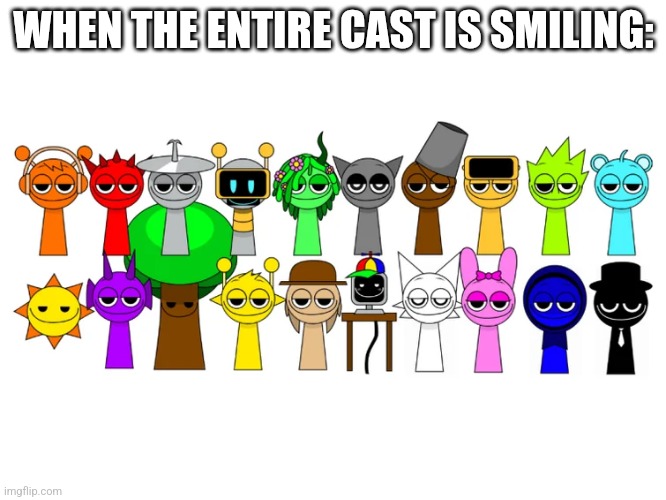 Not including the bonus characters | WHEN THE ENTIRE CAST IS SMILING: | image tagged in sprunki characters smug | made w/ Imgflip meme maker