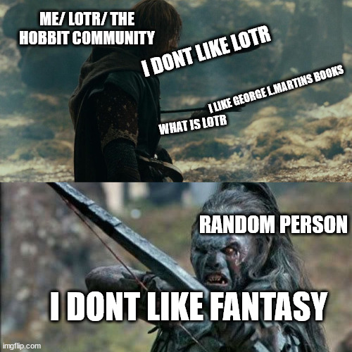 Lord of the rings fan meme | ME/ LOTR/ THE HOBBIT COMMUNITY; I DONT LIKE LOTR; I LIKE GEORGE L.MARTINS BOOKS; WHAT IS LOTR; RANDOM PERSON; I DONT LIKE FANTASY | image tagged in boromir arrows template,lotr | made w/ Imgflip meme maker