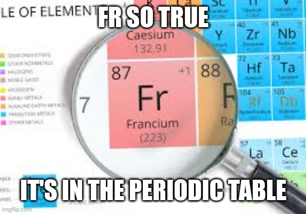 Fr | FR SO TRUE IT'S IN THE PERIODIC TABLE | image tagged in fr | made w/ Imgflip meme maker