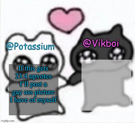 Potassium and Vikboi shared announcement template | If this gets 23.4 upvotes I’ll post a gay ass picture I have of myself | image tagged in potassium and vikboi shared announcement template | made w/ Imgflip meme maker