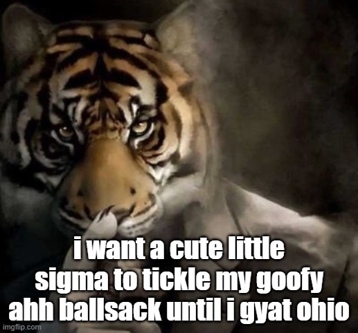 tiger smoking cigar | i want a cute little sigma to tickle my goofy ahh ballsack until i gyat ohio | image tagged in tiger smoking cigar | made w/ Imgflip meme maker