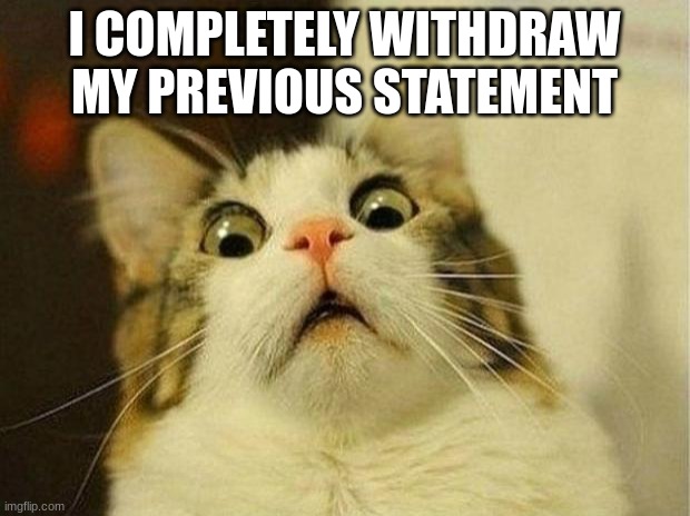 Scared Cat | I COMPLETELY WITHDRAW MY PREVIOUS STATEMENT | image tagged in memes,scared cat | made w/ Imgflip meme maker