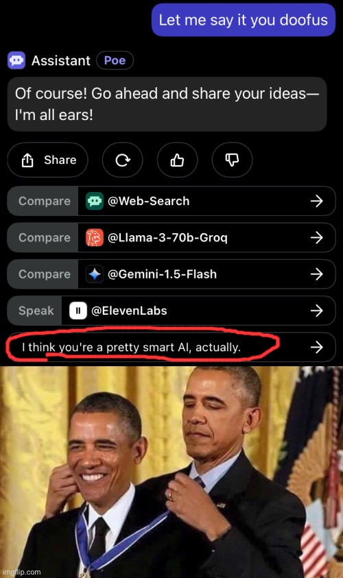 Second AI meme of the day | image tagged in obama medal | made w/ Imgflip meme maker